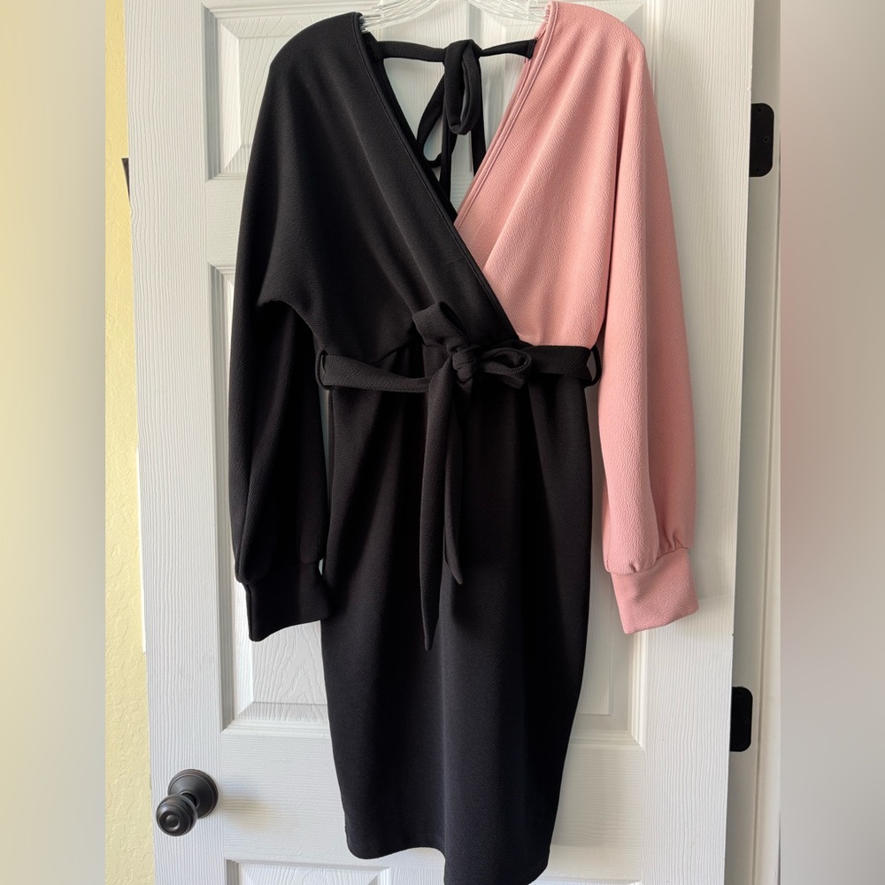 SHEIN Women’s Large Black and Pink Colorblock Long Sleeve Faux Wrap Dress